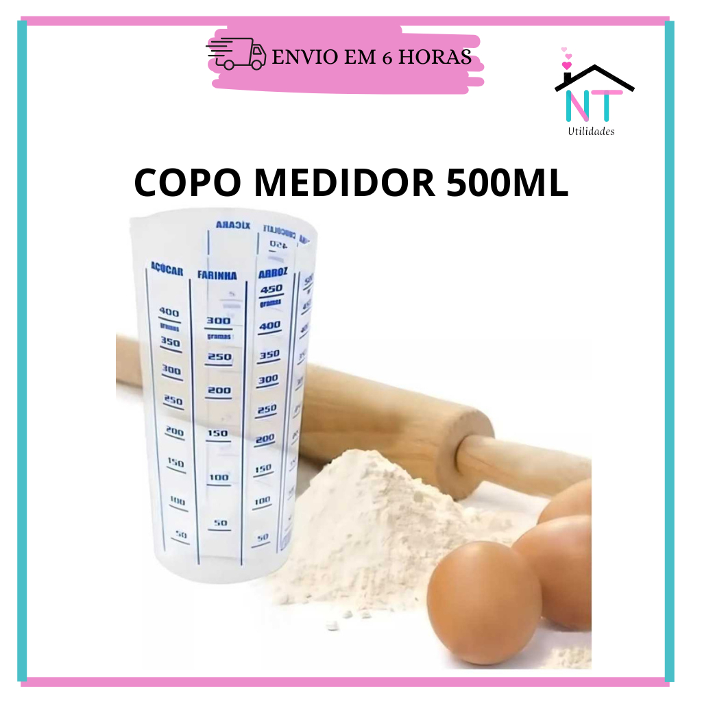 Copo Medidor 500ml Transparente Plástico Receita Dosador Transparente
