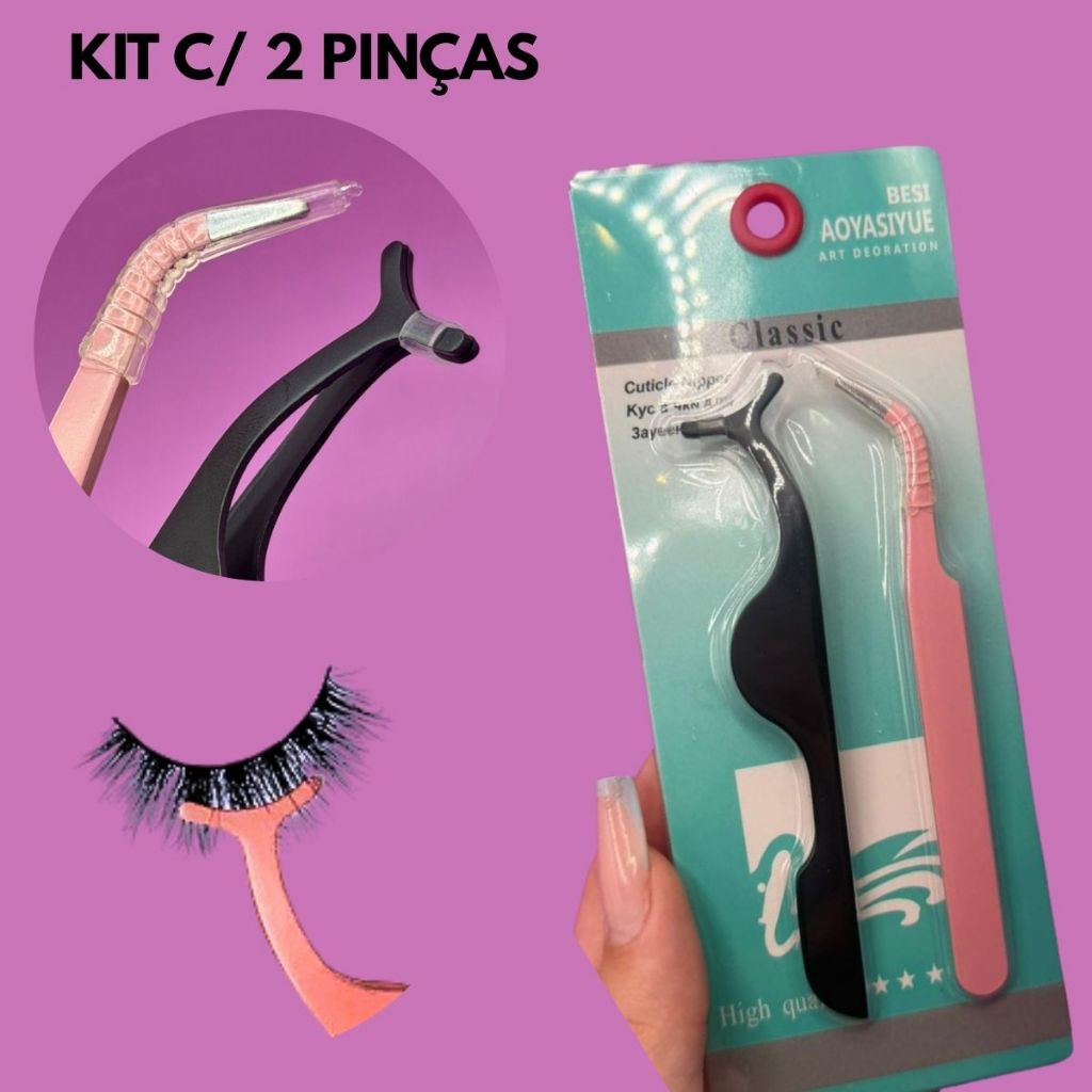 Kit 2 Pinças Iniciante Para Aplicação de Cílios Postiços Pinça Com Ponta Curva e Para Colar Cilios