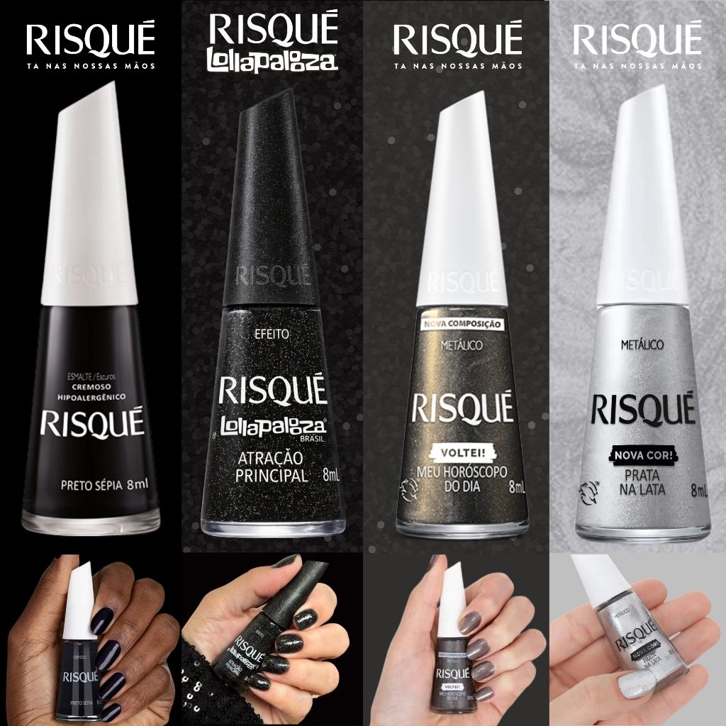 Kit 4 Esmaltes Risqué Tons Cinza Preto Metalico Brilho Nova Coleção lollapalooza
