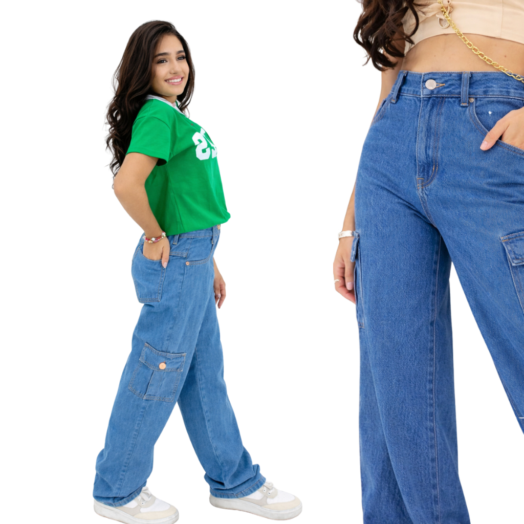 Calça Jeans infantil Juvenil Cargo Wide Leg Premium Moda Kids Estilo Gringa Blogueirinha Confortável