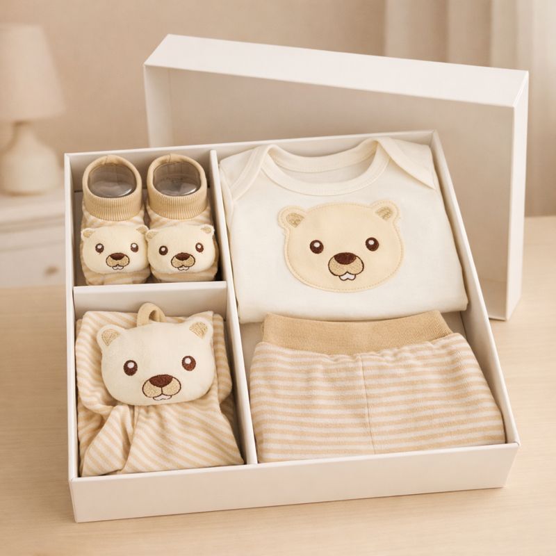 Presente Bebê Recém Nascido 4 Peças Body Calça Mijão Sapatinho Meia Pantufa 3D e Naninha Castor