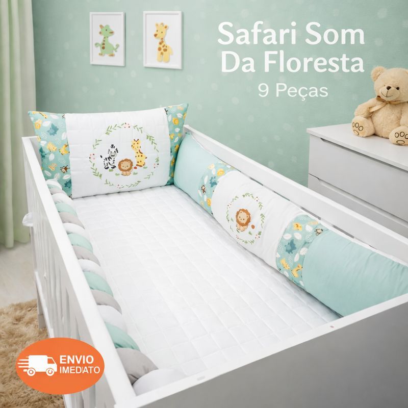 Kit De Berço Verde Menino Com Trança - Luxo, Safari, Floresta, Encanto, Afeto, Perfeito 9 Pçs - QUALIDADE E PREÇO JUSTO.