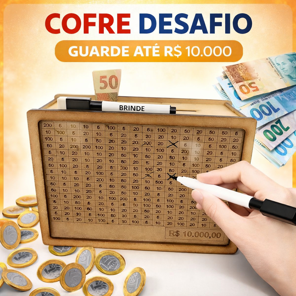 Cofre Desafio Cofrinho Mdf Woodbox 10mil 5mil  2mil  1mil