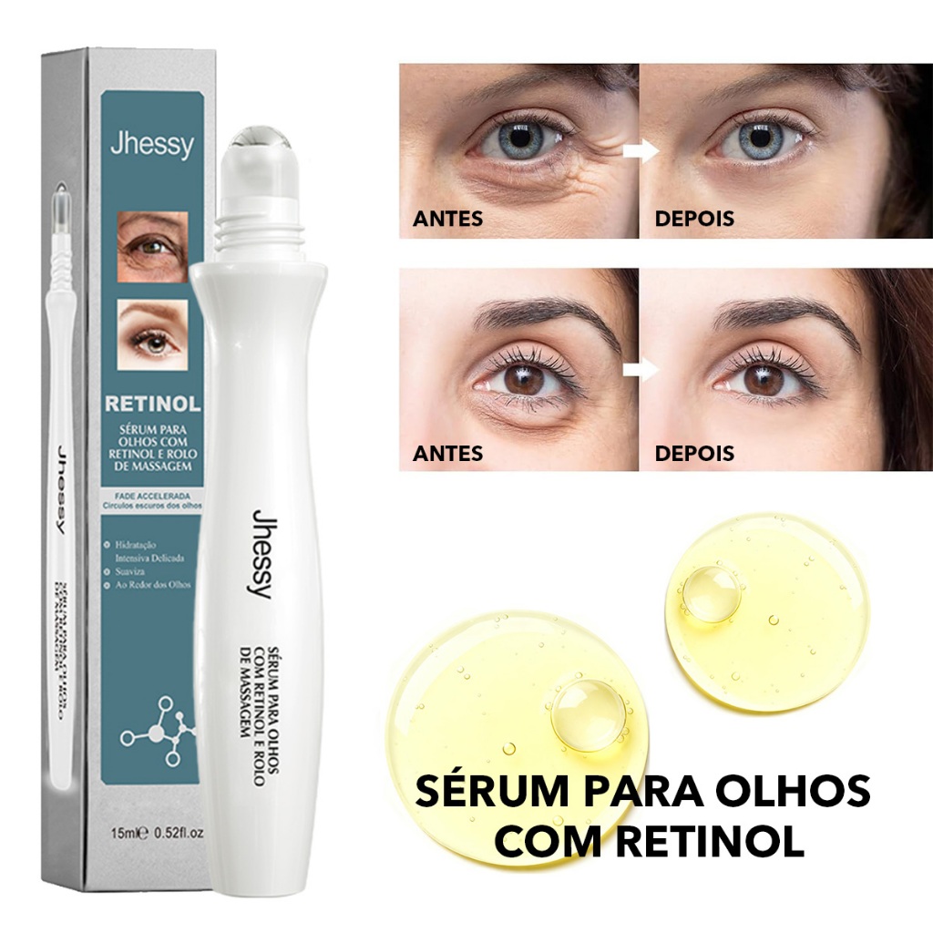 Sérum para Olhos com Retinol e Rolo de Massagem Anti-Idade Clareador Anti-Rugas Hidratação Olheiras 15ml