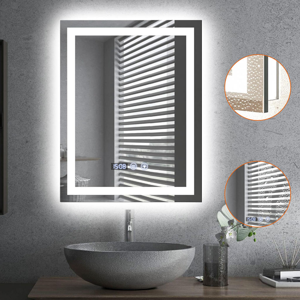 Espelho de Banheiro 70x50cm Antiembaçante com Toque - LED 3 Cores, Vidro de Segurança, Display Hora/Temperatura