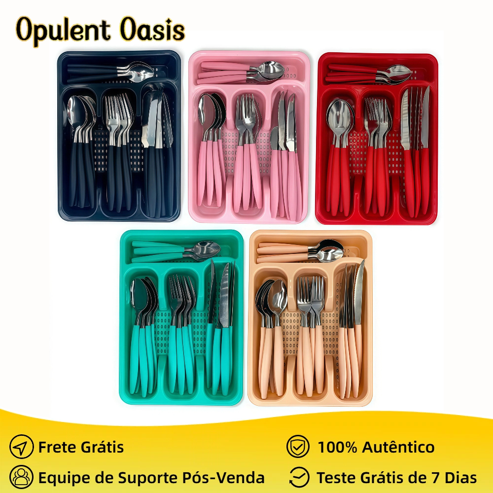 Jogo De Talheres Inox Com 24 Peças + Suporte Gaveteiro