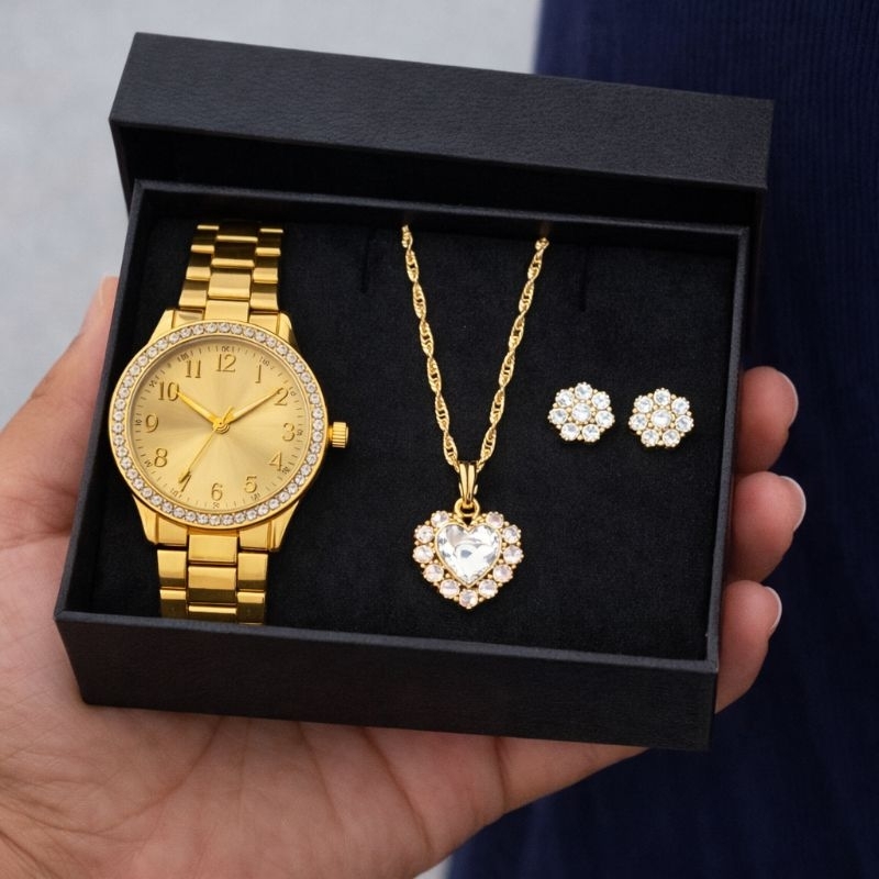 Kit Feminino Presente Relógio + Colar + Brinco Dourado Folheado Luxo Conjunto Joias Fino Noiva Madrinha Namorada