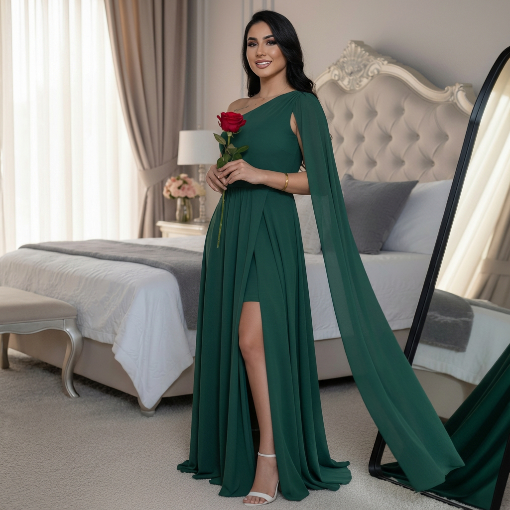 Vestido Longo feminino Elegante Um Ombro Só Fenda Lateral Chique para Festa Casamento Noite Moda