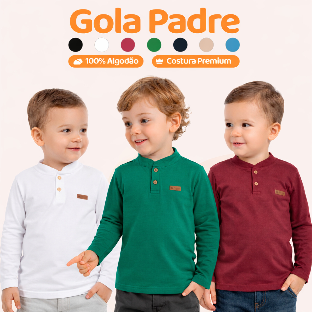 Camiseta Manga Longa Social Bebê Menino Gola Padre Henley Casual Camisa Bebê Estiloso Masculino Premium Roupa Bebê L14