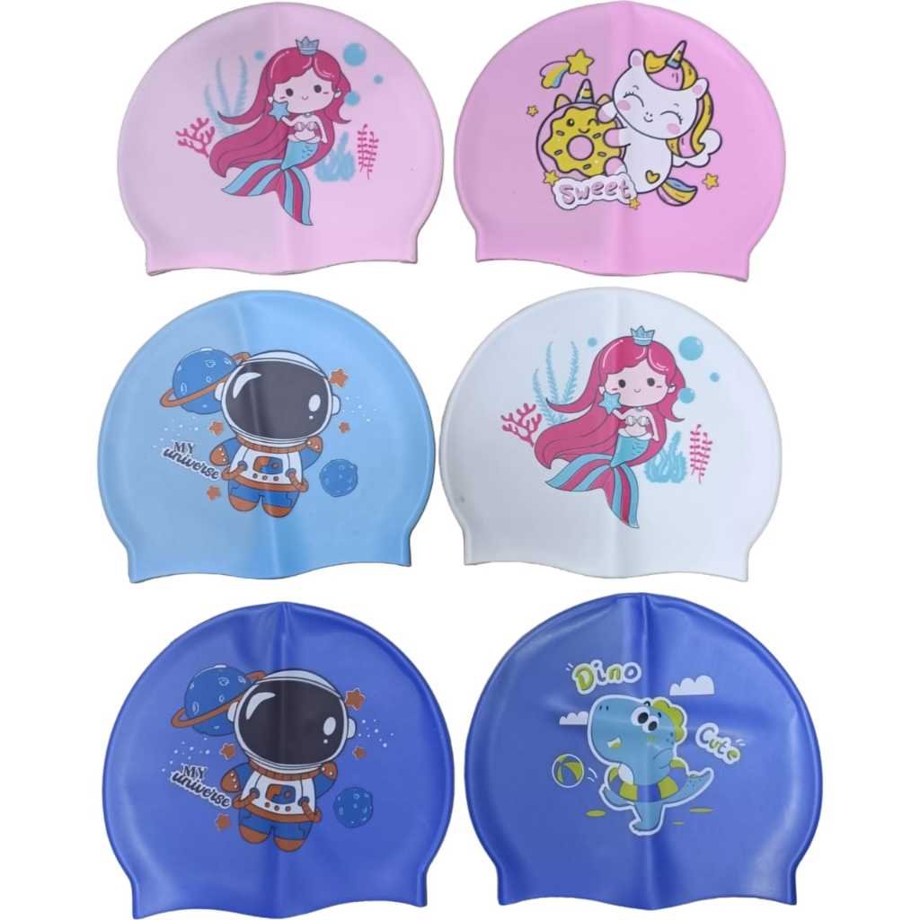 Touca de natação infantil de silicone com estampas de sereia e astronauta.