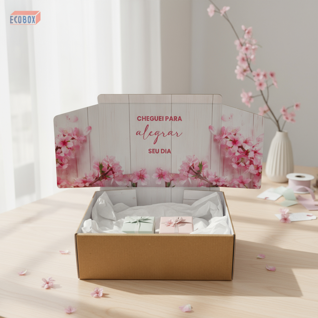Kit Caixas de Papelão Floral 27x18x9cm Embalagem E-Commerce Sofisticada Envios Lojas Roupas Presente