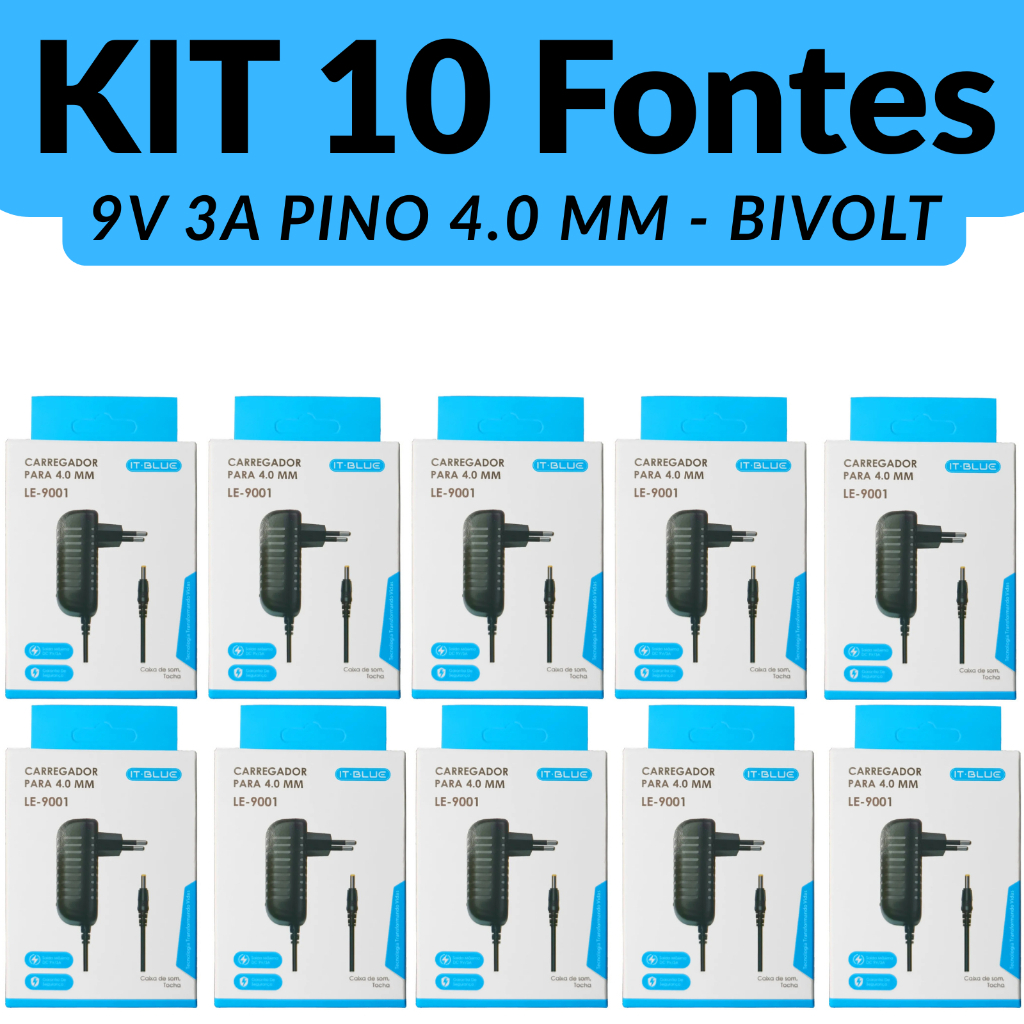 Kit 10 Fontes Alimentação 9V 3A Pino Fino 4.0mm Bivolt Caixa de Som