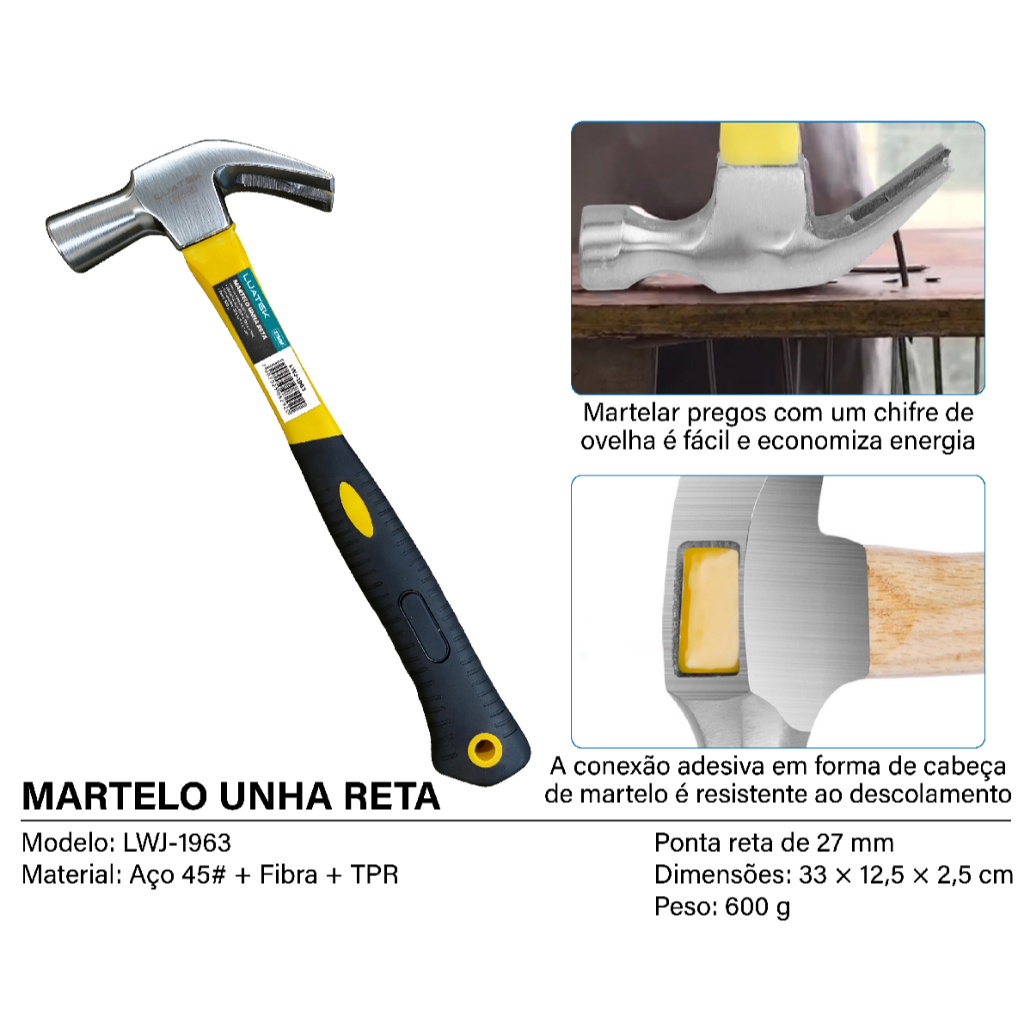 Martelo Tipo Unha Aço Carbono Com Cabo Emborrachado Profissional 29cm ou 33cm