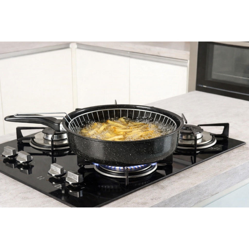 Frigideira Fritadeira Ferro Esmaltado Com Cesto 26cm Fritura Batata 3L - Fogão a gás, lenha, elétrico e  Indução.