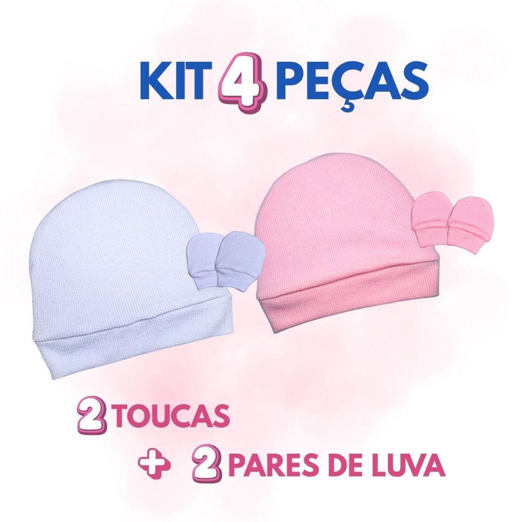 Kit 2 Toucas e 2 Pares De Luvas Bebê Recém Nascido Tecido Algodão Antialérgico Menino Menina