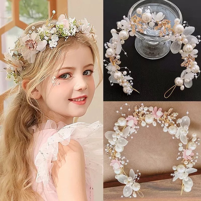 Coroa De Flores De Pérola E Renda Para Meninas , Faixa De Cabeça De Festa De Aniversário , Acessórios De Cabelo Fotográf