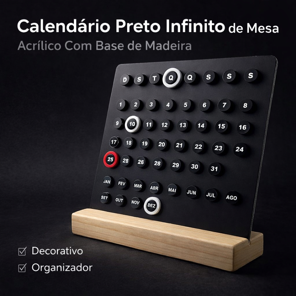 Calendário Preto Infinito Para Mesa Escritório Com Base De Madeira