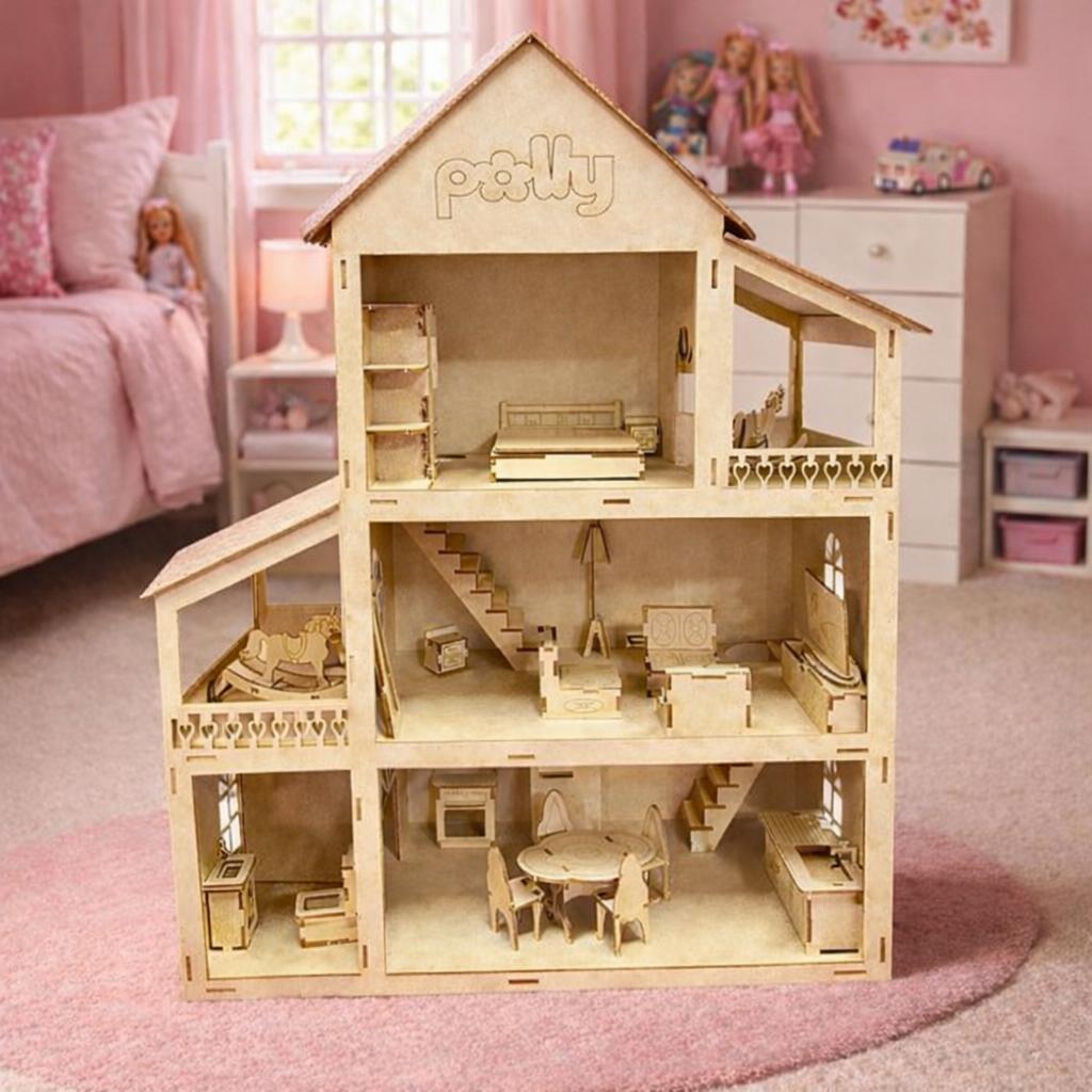 Casinha De Bonecas Mdf 53cm + Kit 22 Móveis Desmontados