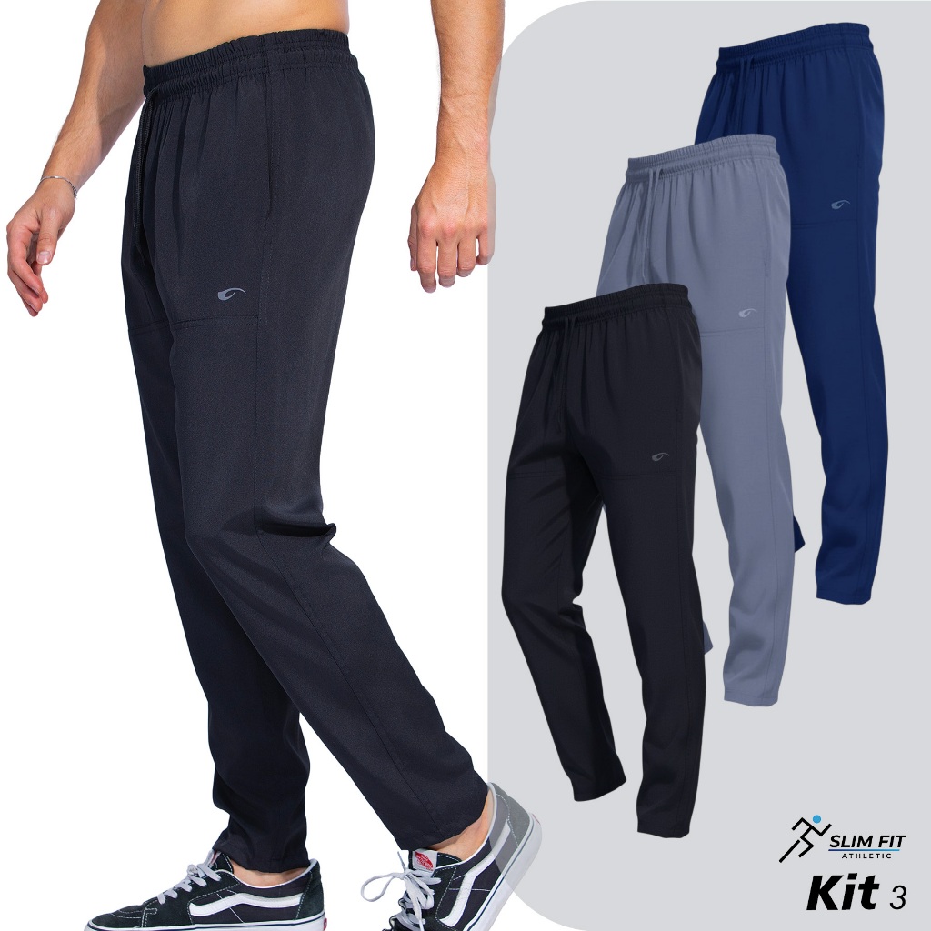 Kit 3 Calças Tactel Masculina Elastano Reforçada Academia Casual Treino e Verão Esportiva Leve Slim