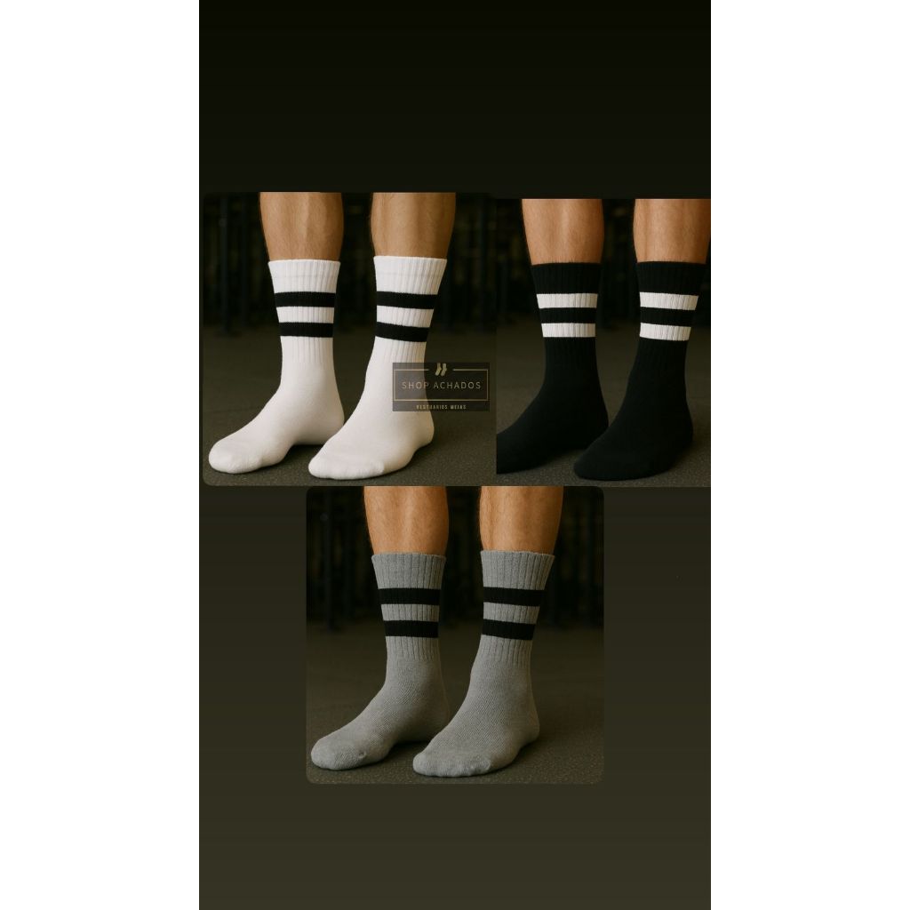 💪Kit 3 a 12 Pares Meias para academia Cano Alto Confortável com Listras unissex🏃