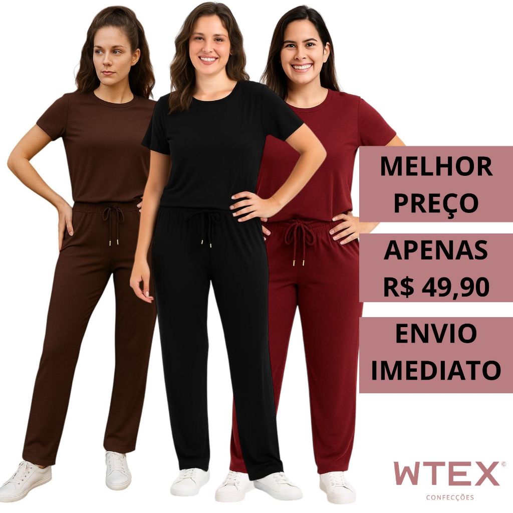 Conjunto Feminino VISCOLYCRA Blusa Camiseta Manga Curta Calça Pantalona Cintura Alta Comfy