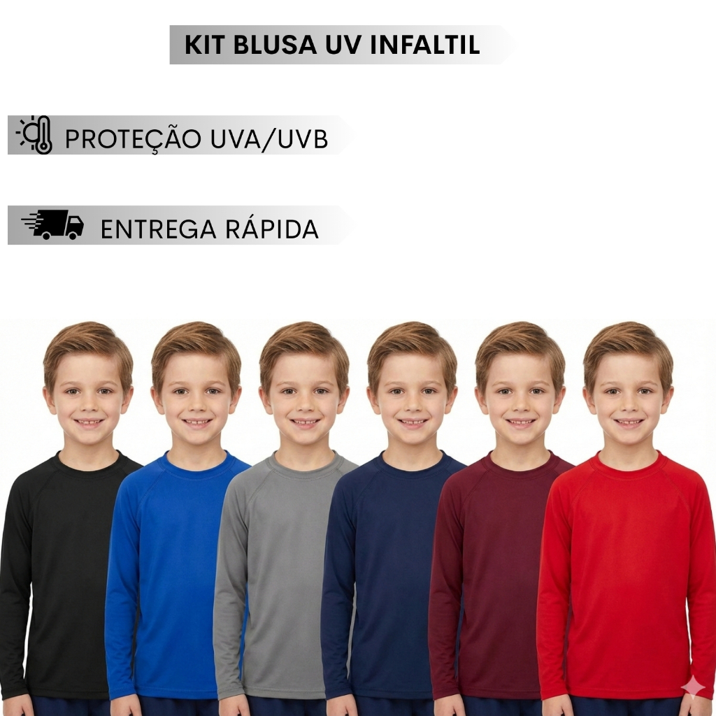 Kit Com 02/03 Camisas Termica Infantil Com Proteção Solar Uv Fps50+ Manga Longa Cores Sortidas 2 a 8 anos