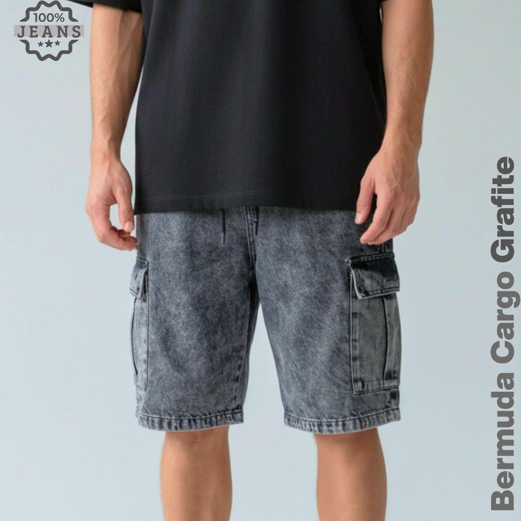 Bermuda Masculina 100% Jeans Streetwear Larga Grafite P ao GG