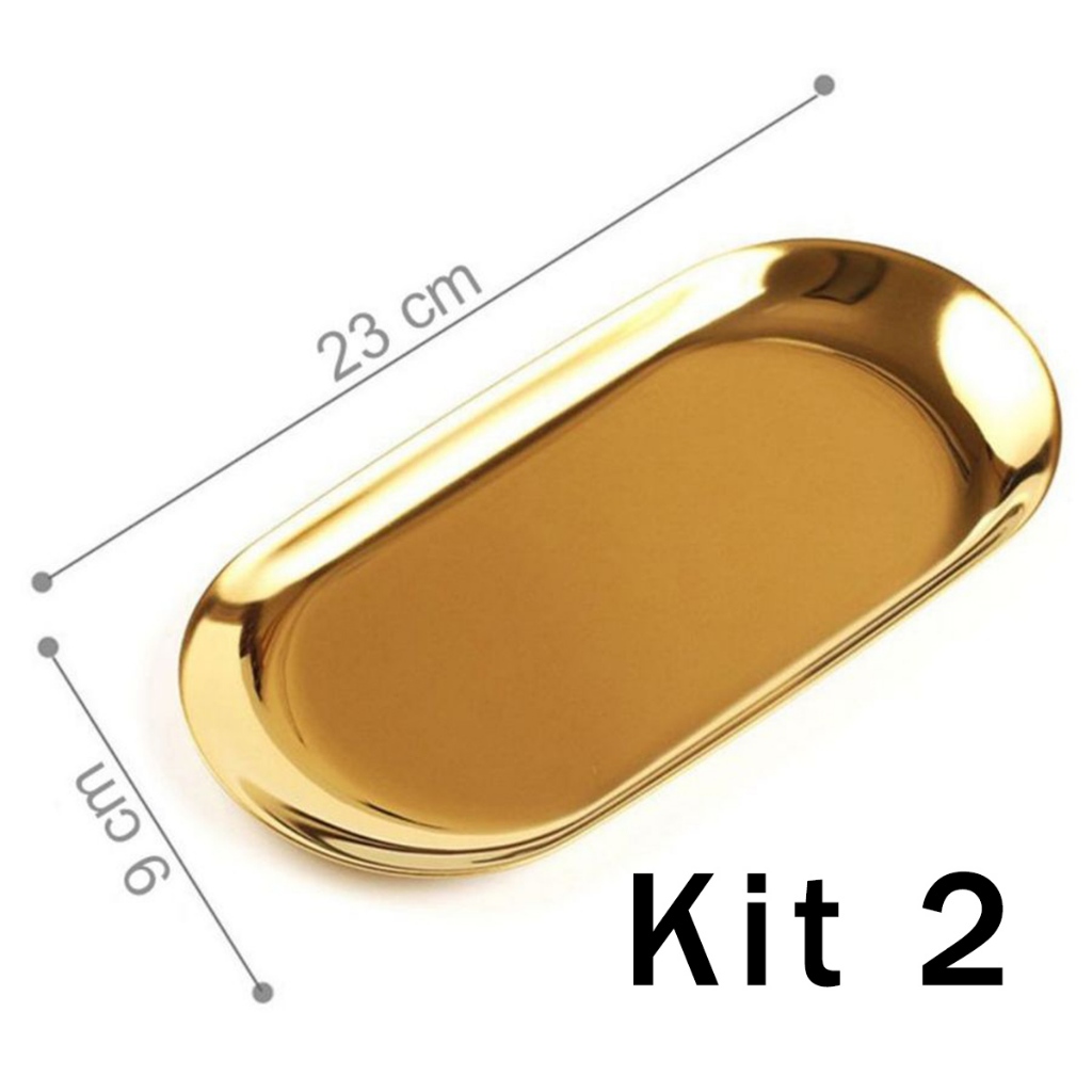 Kit 2 Bandeja Aco Inoxidavel Luxo Decorativa para Jóias Alimentos Dourado