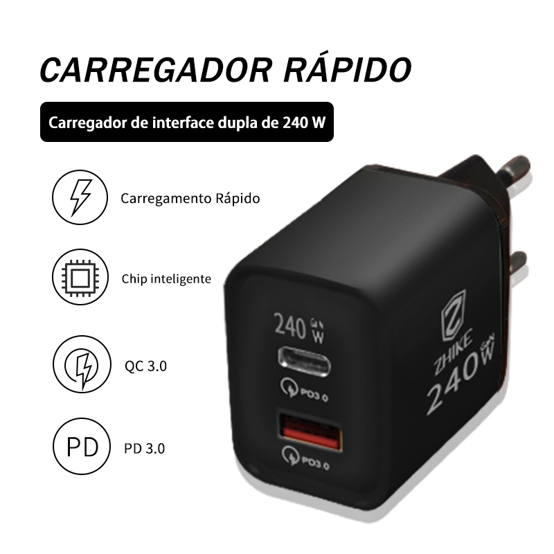 Adaptador De Carregamento Rápido USB A/Tipo C A+C 240 W GaN Carregador De Parede Para Viagem