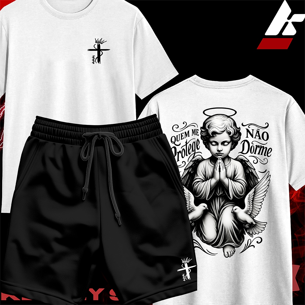 KIT Camisa Streetwear 100% Algodão e Bermuda Mauricinho Estampa ANJO QUEM ME PROTEJE NÃO DORME