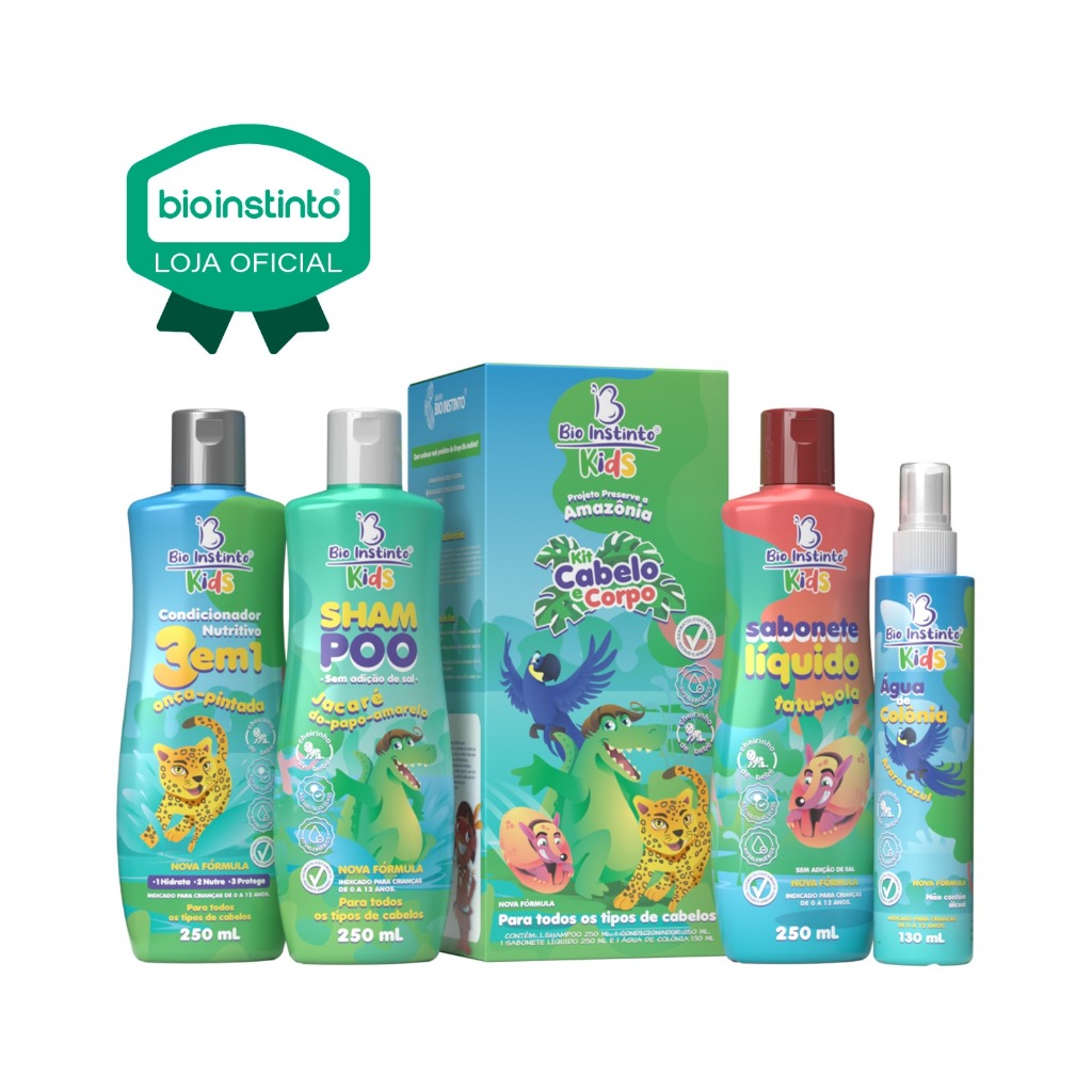 01 KIT KIDS CABELO E CORPO 4 Itens Bio Instinto Infantil cabelos lisos cacheados crespos ondulados