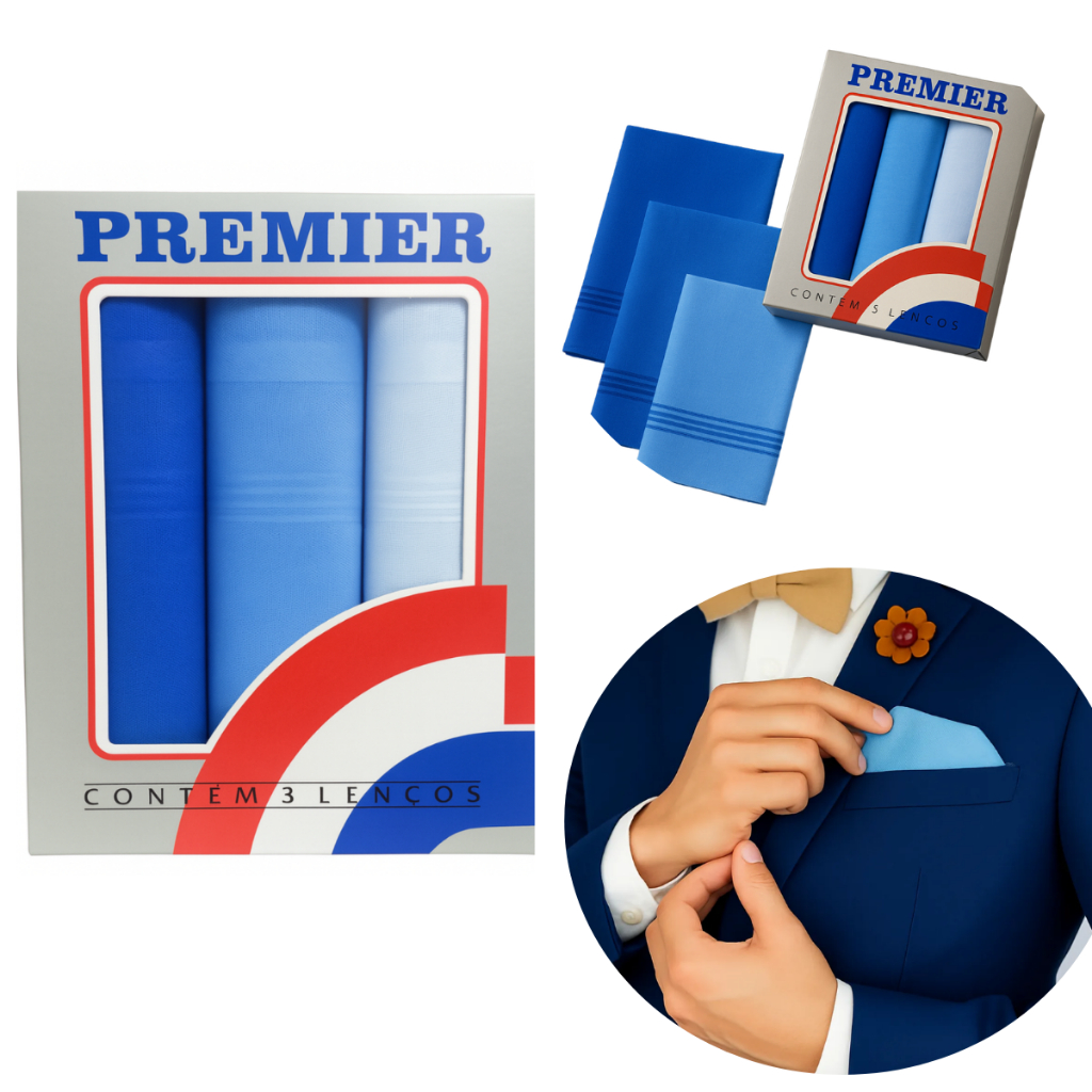 Kit com 3 Lenço de Bolso Masculino Premier Algodão Puro 39x39 cmt