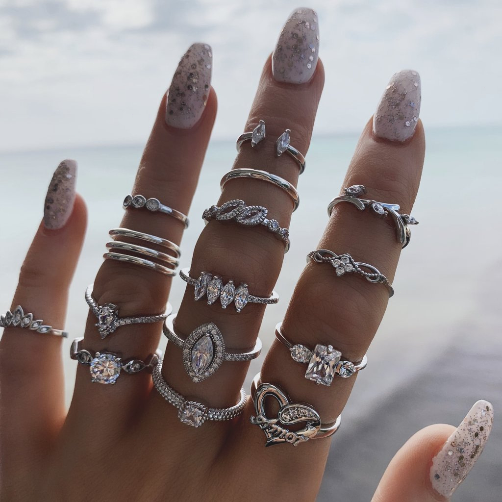 Conjunto de anéis em prata 15Peças , Para Mulheres , diamante , Coração ,  Acessórios De Joia