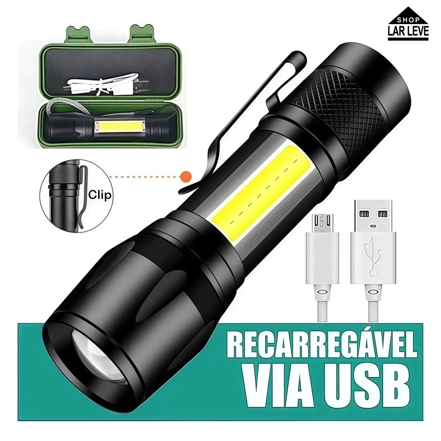 Lanterna Tática Recarregável USB, LED Q5 com Zoom - 3 Modos e Clipe Incluso