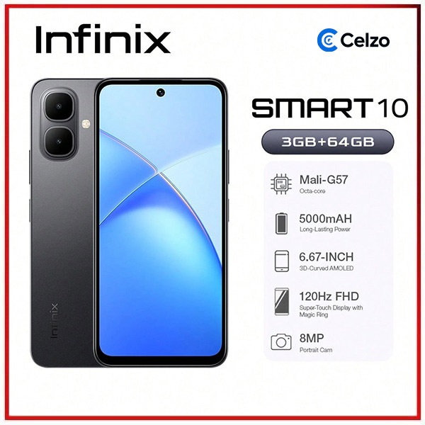 Smartphone Infinix Smart 10 4G Tela 6.67'' 3GB+64GB, Preto Elegante