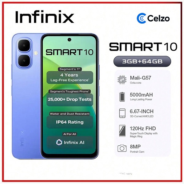 Smartphone Infinix Smart 10 4G Tela 6.67'' 3GB+64GB, Azul Íris