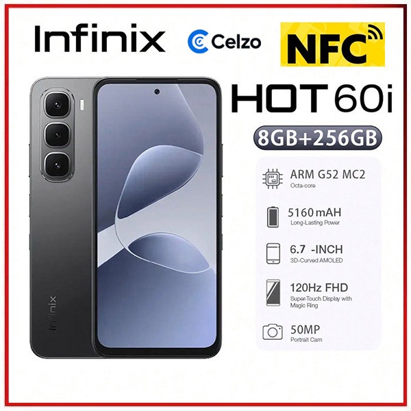 Smartphone Infinix Hot 60i NFC 4G Tela 6.7'' 8GB+256GB, Preto Elegante