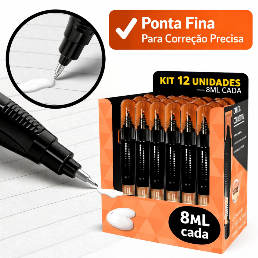 Kit 12 Caneta Corretivo Branco 8ml Secagem Rápida Escolar Escritório Volta as aulas