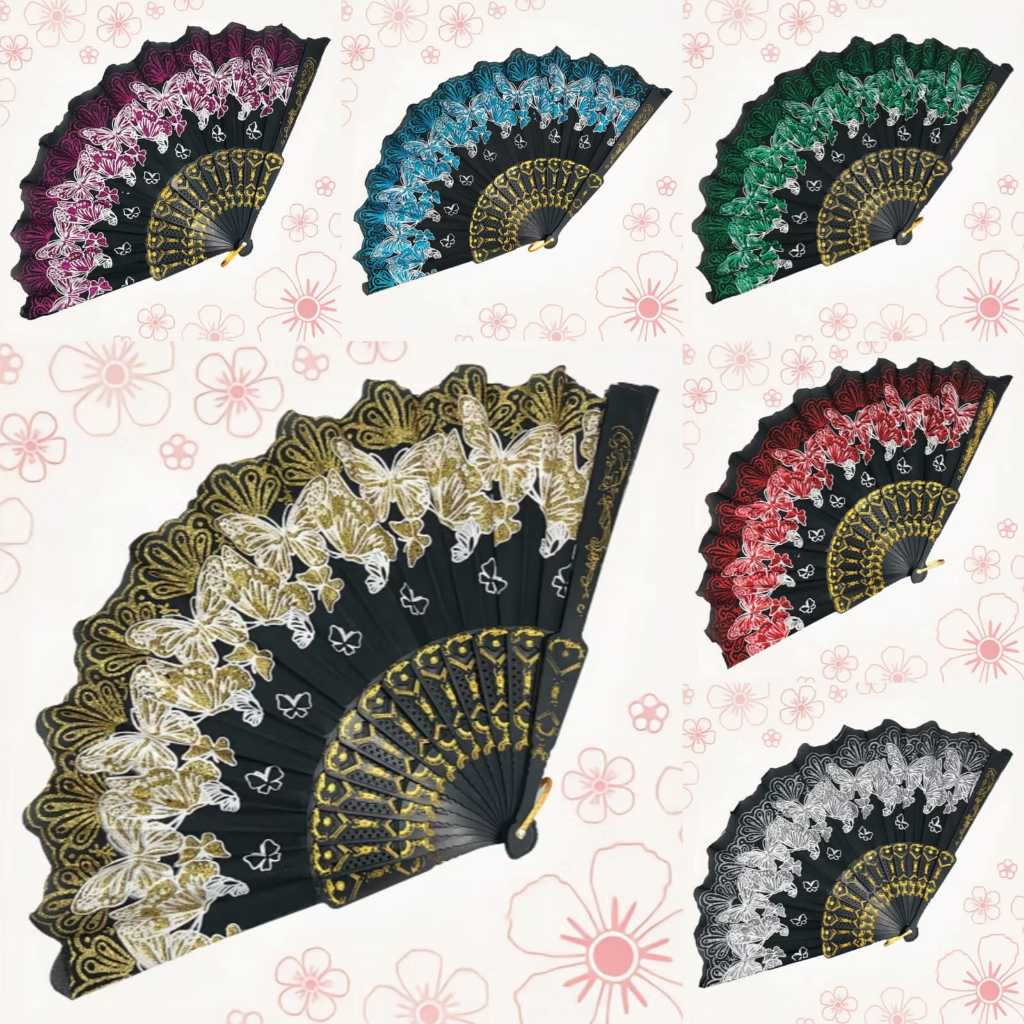 Leque de luxo em formato de borboleta com detalhes brilhantes; a cor será enviada aleatoriamente.