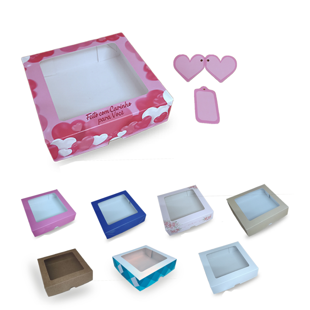 Caixa de Presente com Visor + Tags | Estampas Natal, Coração, Flores, Rosa, Azul, Branca |  15x15x4cm