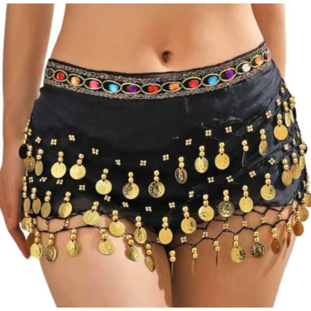 Lenço para dança do ventre, enfeites de quadril e moedas, disponíveis em várias cores.