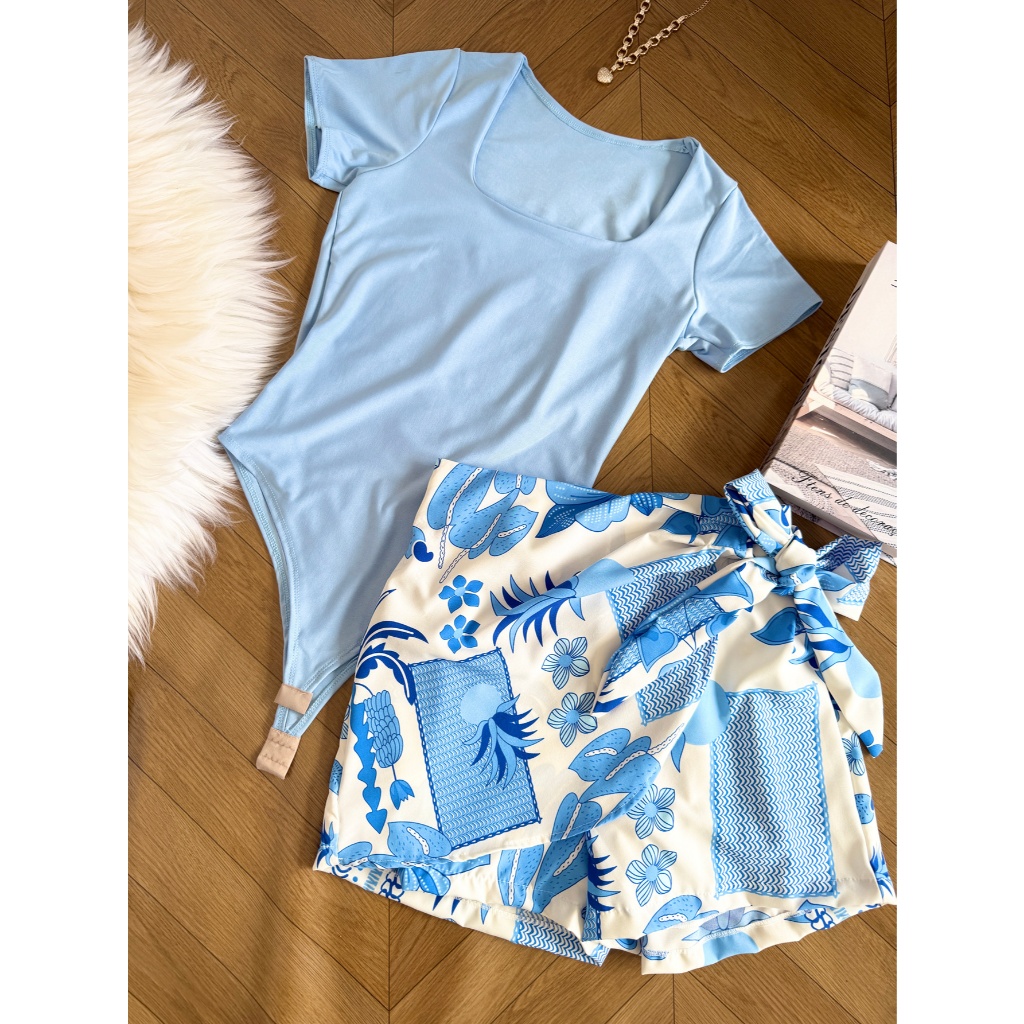 AZALEA Conjunto feminina de body manga curta suplex+saia com short estampado com forrado 1000