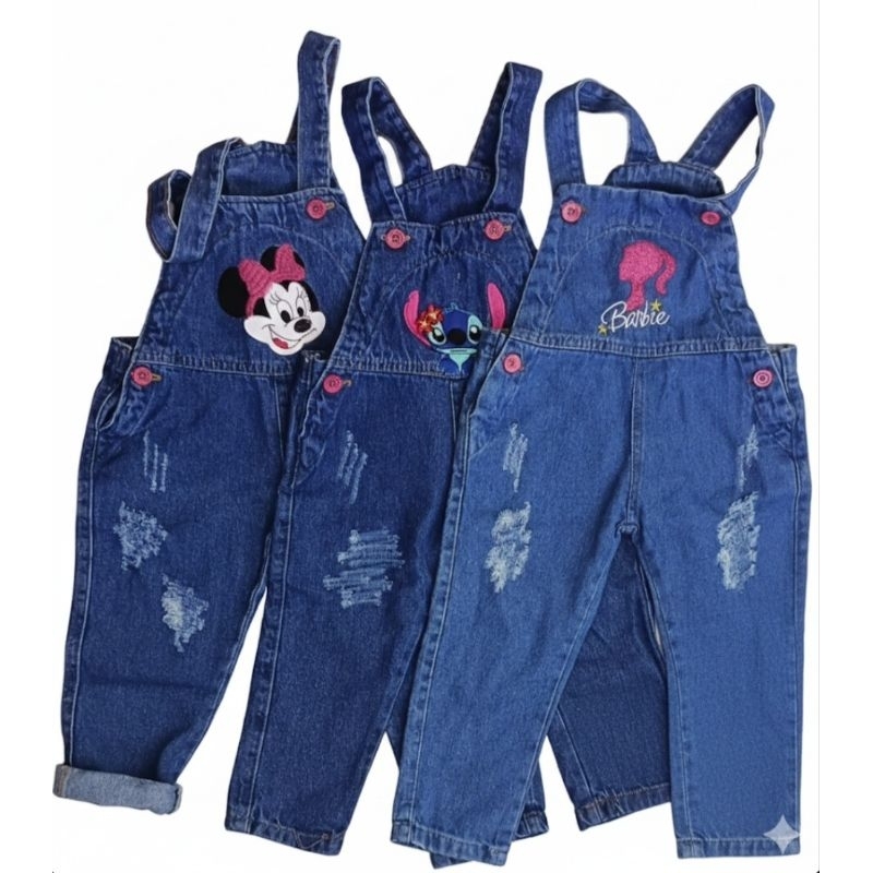MACACÃO JEANS FEMININO INFANTIL JUVENIL LONGO ALÇAS AJUSTAVEIS BORDADO DO 1 AO 8