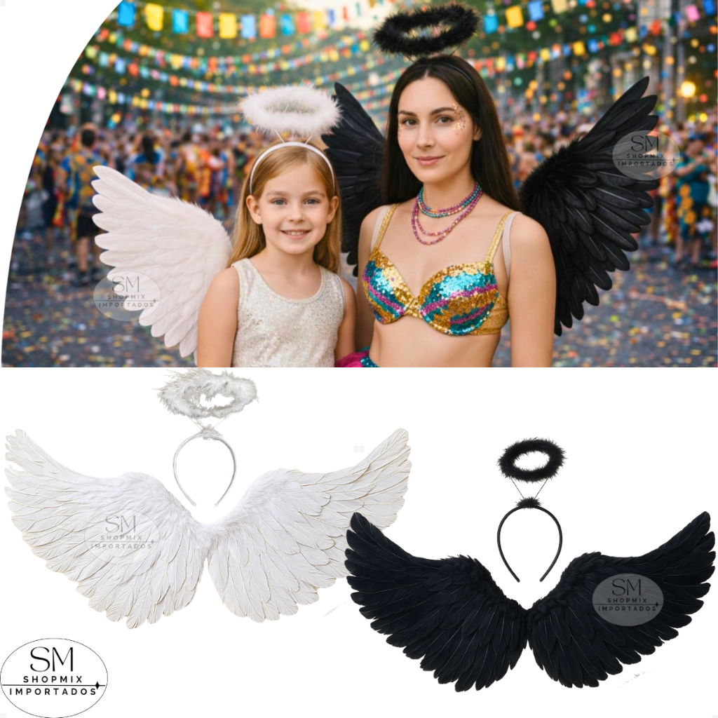 Kit Fantasia Asa Anjo + Tiara Infantil e Adulto Halloween Carnaval Festa Unissex Cosplay