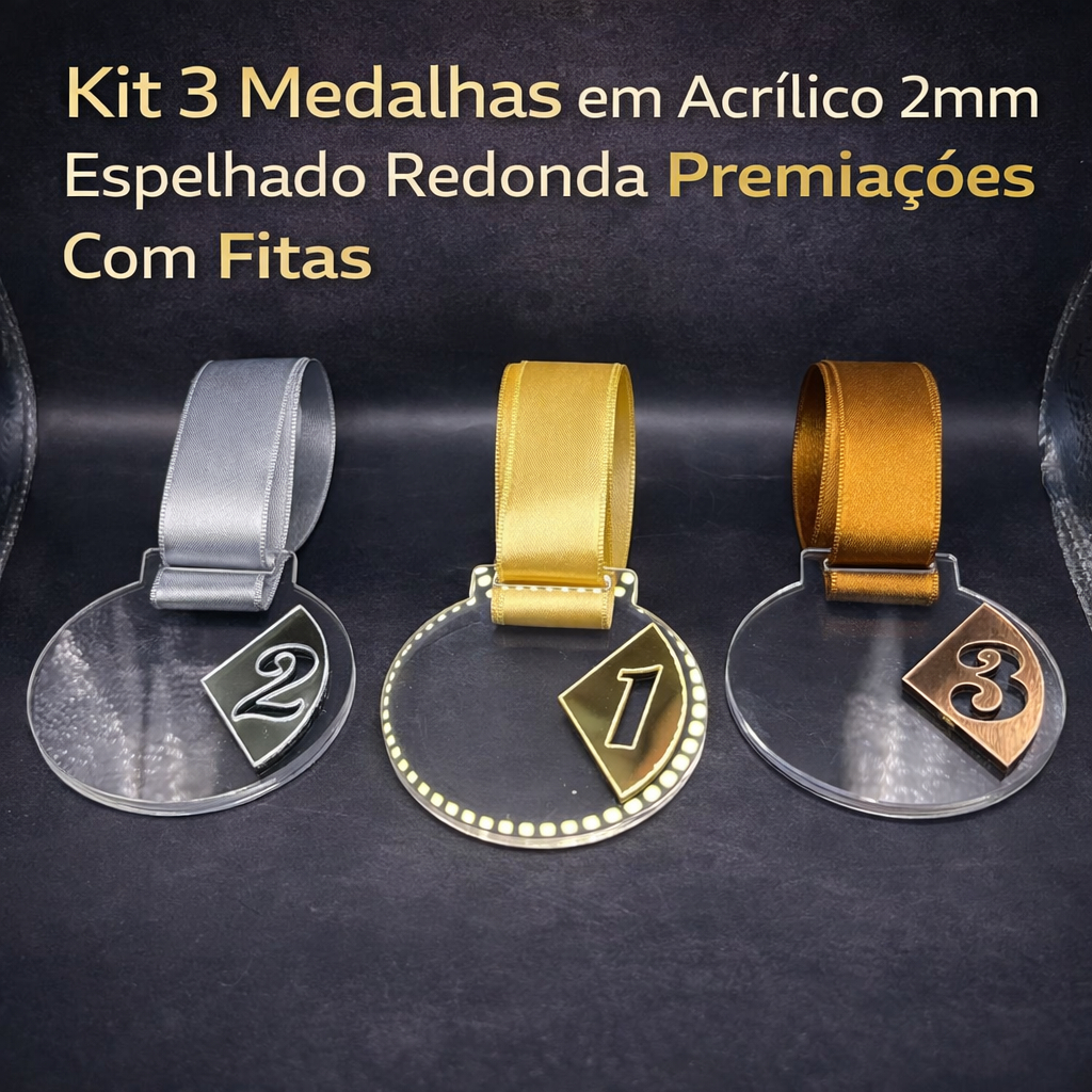 Kit 3 Medalhas em Acrílico 2mm Espelhados Redonda Premiações