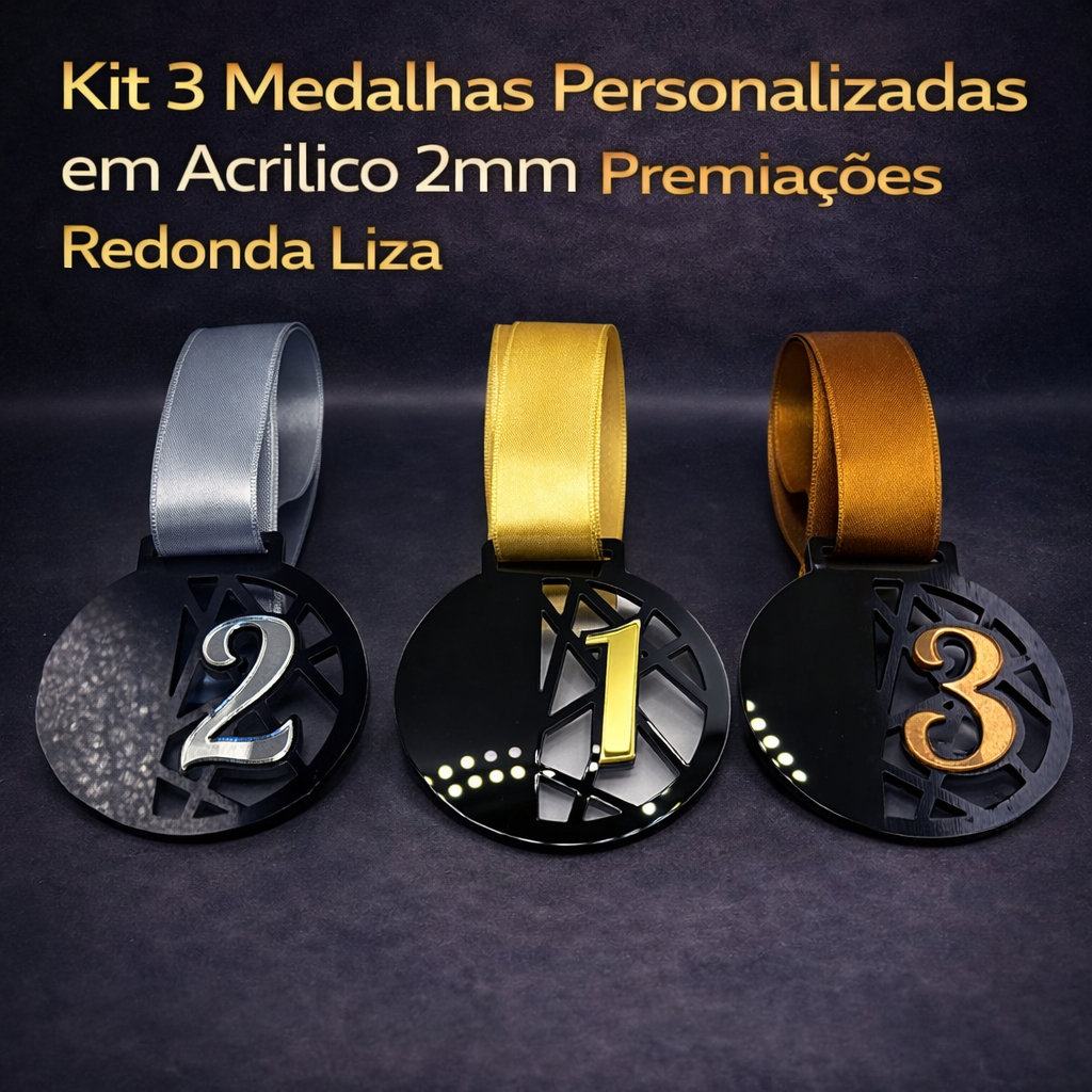 Kit 3 Medalhas em Acrílico 2mm Redonda Liza Prêmios