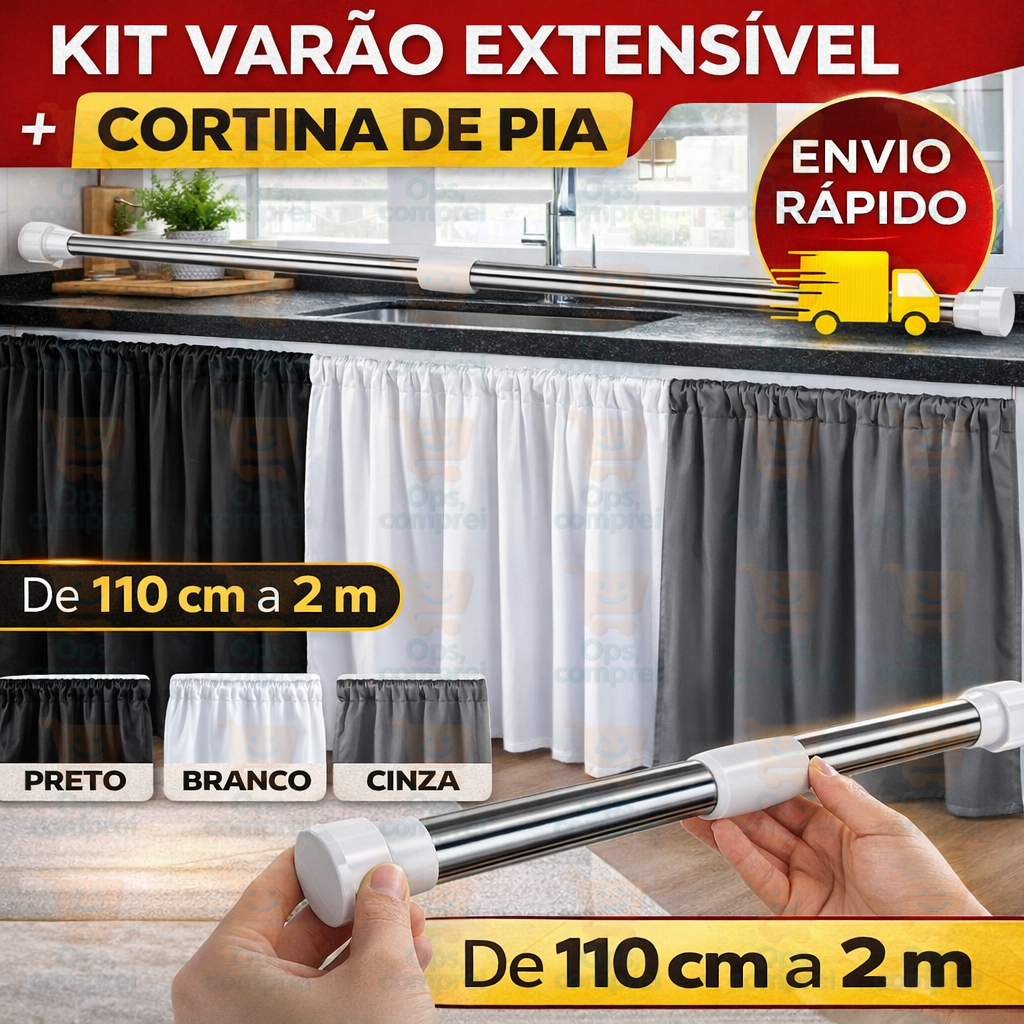 Kit Cortina E Varão Extensível Para Pia Cozinha Armário Bastão Porta Cortina