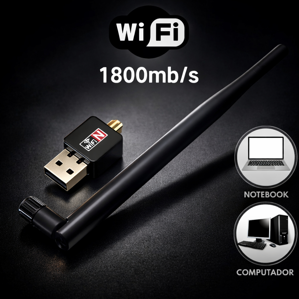 Adaptador WiFi USB 1200Mbps Antena Wireless para PC e Notebook