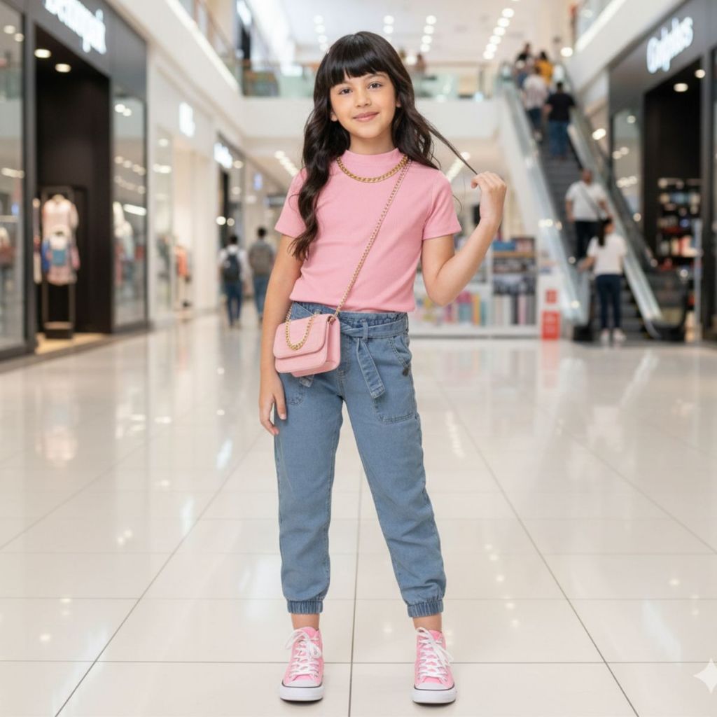 Blusa T-Shirt Infantil de Corrente na Gola Manga Curta Mini Diva