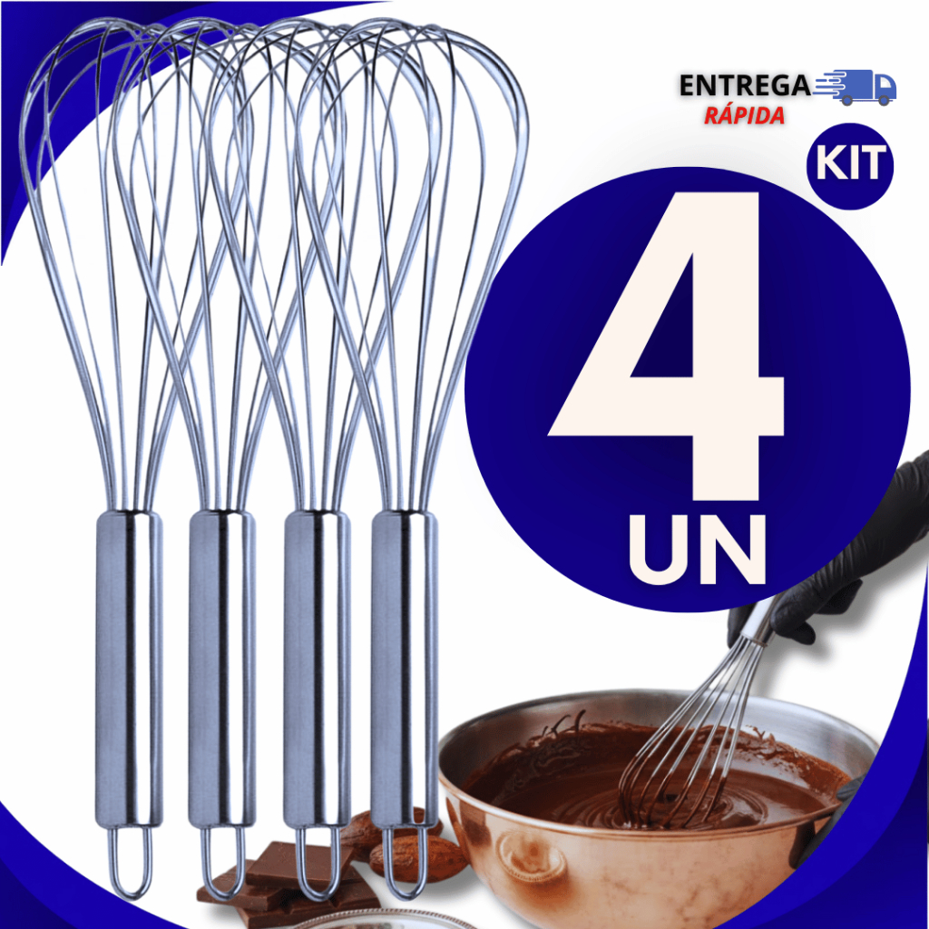 Conjunto 04 Unidades Batedor de Ovos Bate Claras Fouet Fue Aço Inox 30CM Casa Cozinha